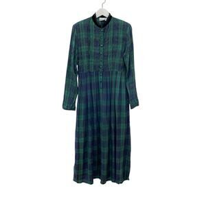 Vintage 90s Women's Sz 8 Green Blue Plaid Embroidered Beaded Winter Maxi Dress